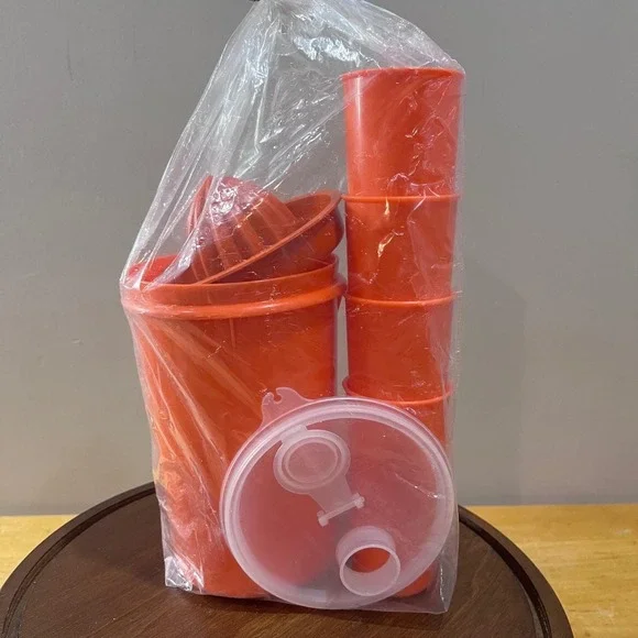 Vtg Tupperware Orange Juice Pitcher Juicer 4 Tumbler Set NOS Retro MCM 7pc Kit