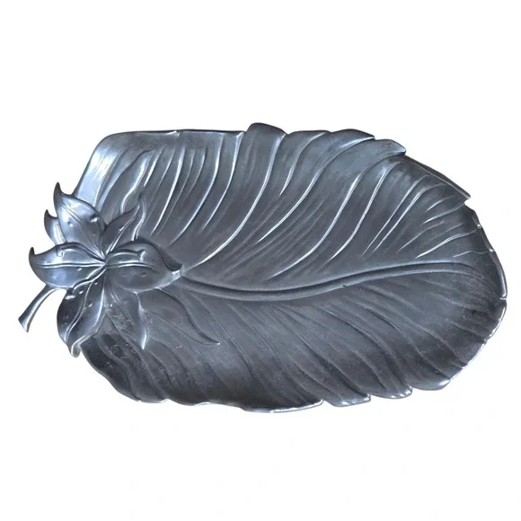Fitz and Floyd Silver Metal Leaf Platter Decorative Tray with Flower Accent 12in