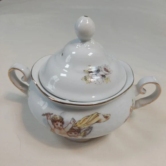 Trisa‎ Porcelain Sugar Bowl with Lid Cherub Angel Floral Gold Trim White Vintage