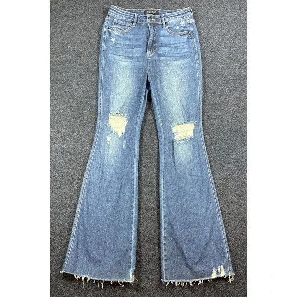 Judy Blue Flare Jeans Women 11/30 JB88739 Distressed High Rise Raw Hem Denim