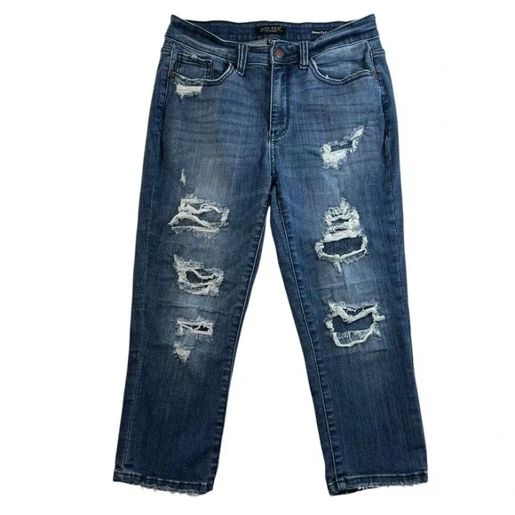 Judy Blue 7‎ / 28 Skinny Fit Capri Jeans Mid Rise Distressed Stretch Denim Blue