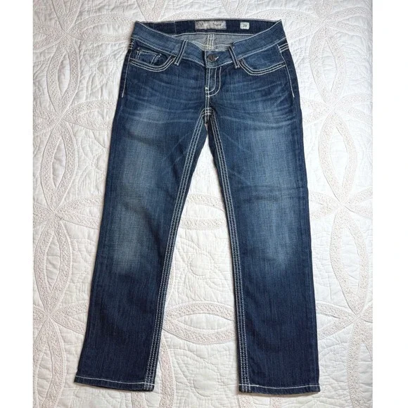 BKE Stella Straight Leg Crop Jeans Dark Wash Contrast Stitch Cowgirl  Womens 29