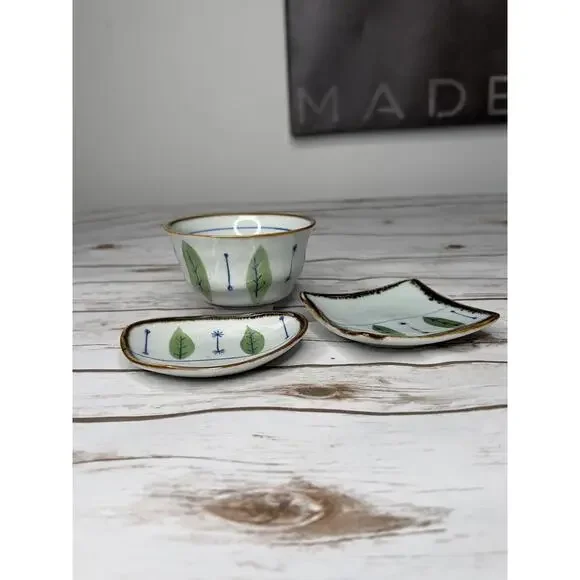 Vintage‎ Japanese Ceramic Bowl and Small Plates Set with Leaf Design