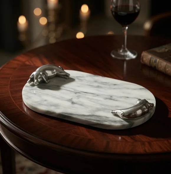 Vintage Arthur Court Marble Oval Serving Tray Figural Pig Aluminum Handle 13x7.5