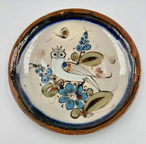50s Folk-Art Ken Edwards Tonala Pottery Hand Painted Owl Serving Chop Plate