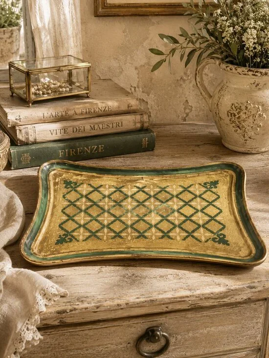 Vintage Large Italian Florentine Ornate Hand-Painted Carved Wooden Serving Tray
