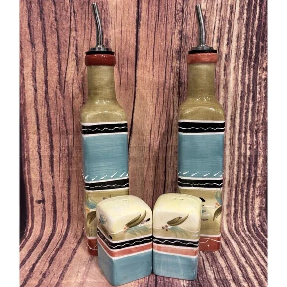 Hand Painted Ceramic Oil Vinegar Dispenser Salt Pepper Shaker Set