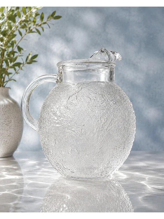 Anchor Hocking 1960s Lido Milano Clear Crinkle Ball Pitcher, 5x8.75”