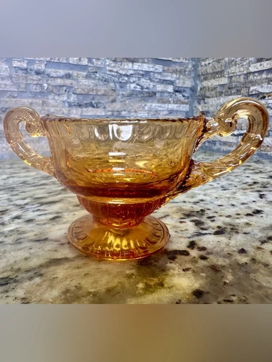 Carnival Glass Amber Pressed Glass Sugar Bowl with Handles