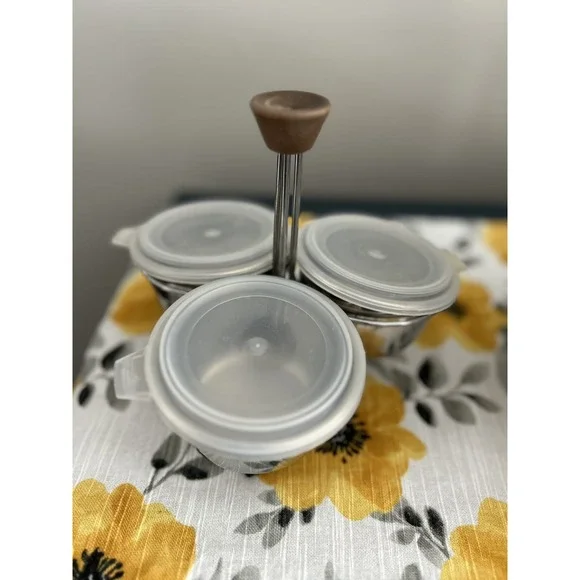 Mid Century Condiment Server 3 Stainless Bowls‎ w/ lid Wood Handle vintage retro