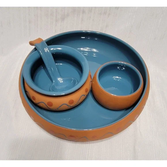 Handmade Portugal Ceramic Chip and Dip Set Blue Terracotta 4 Piece Serving Set