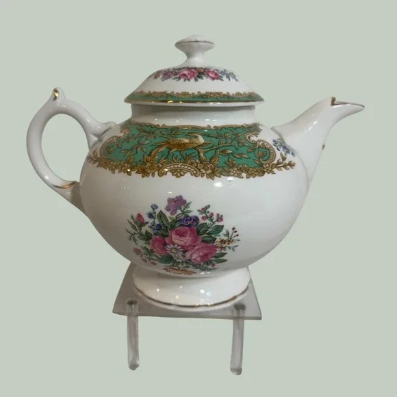 Coalport Montrose Green Bone China Teapot Floral Bird Gold Trim England 7in