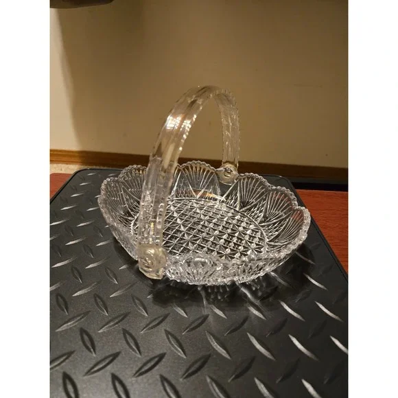 Vintage Clear Pressed Glass Basket Hobstar Fan Pattern Swing Handle Candy Dish