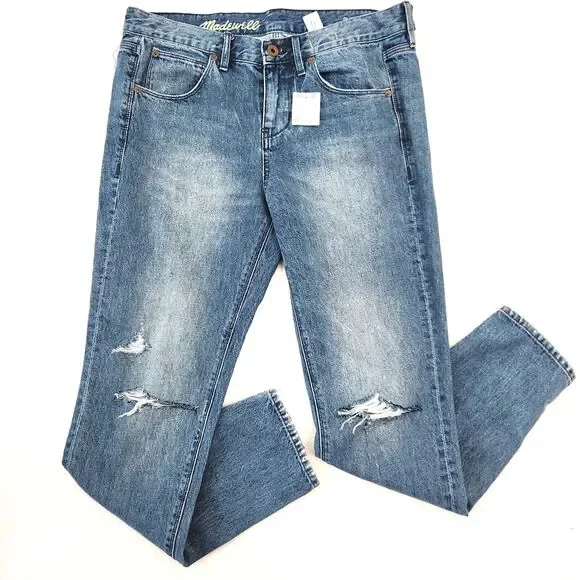 Madewell BoyJean Slim Jeans Womens 26 Mid Rise Distressed Blue‎ Denim NWT