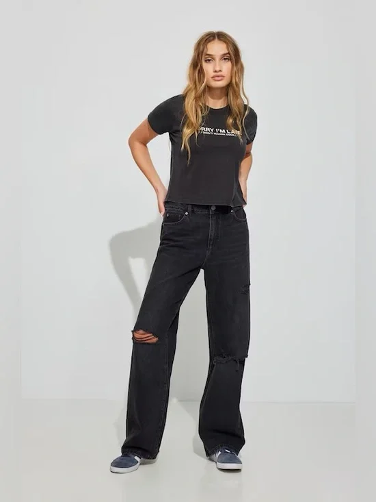 Garage JAMBE LARGE/WIDE LEG Black Wide-Leg Distressed Jeans for Women