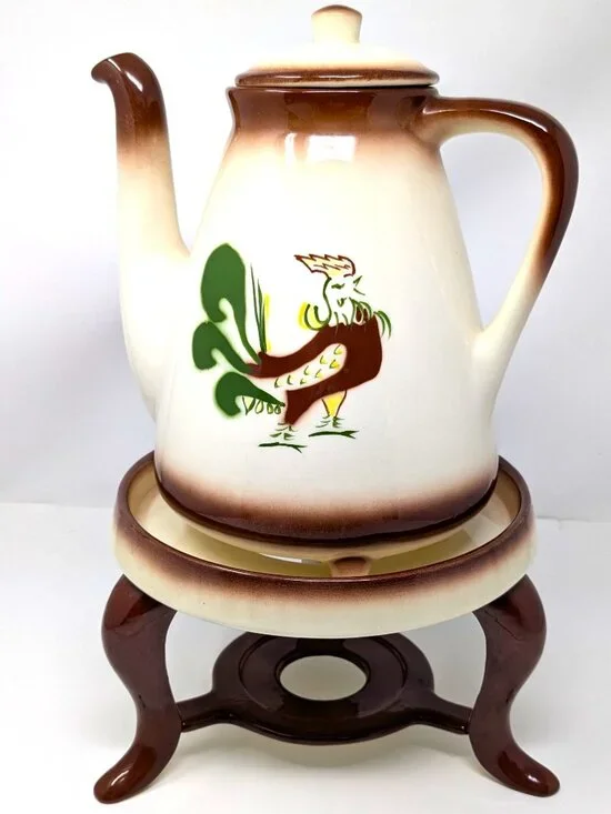 VTG Brock of California Chanticleer Rooster Coffee Pot w Chaffing Stand 9.5