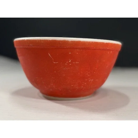 Pyrex Original Solid Glass Bowl Red/White 4in Round Glossy