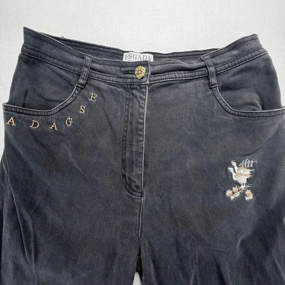 ESGADA Black Denim Jeans Embroidered Logo Duck Detail Women's EUR 40 US 4‎