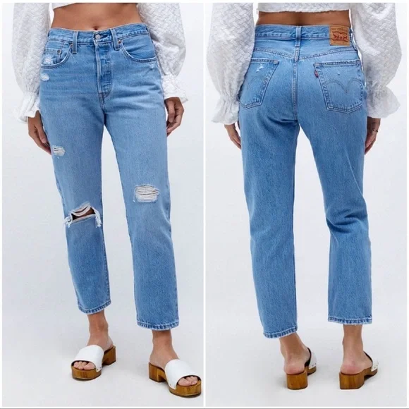 Levi's High Rise Light Blue Distressed Straight Jeans
