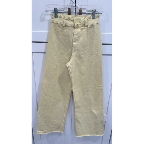 Miou Muse Pale Yellow High‎ Waisted Wide Leg Raw Hem Cropped Jeans Small