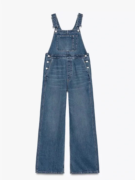 Zara Classic Blue Denim Wide-Leg Overalls