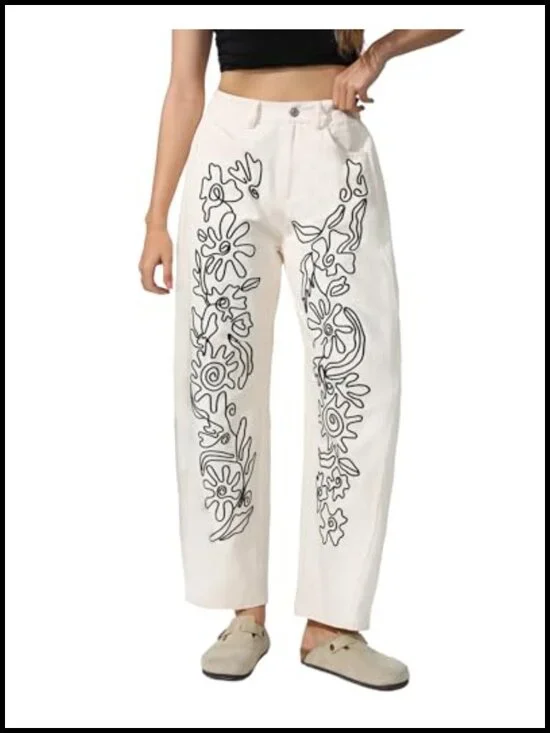 Embroidered Baggy Boyfriend Jeans Barrel Leg Mid Rise