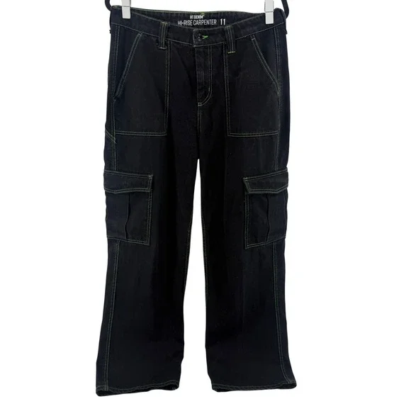 Hot Topic HT Denim Hi Rise Carpenter Jeans Women's Size 11 Black Green Stitching