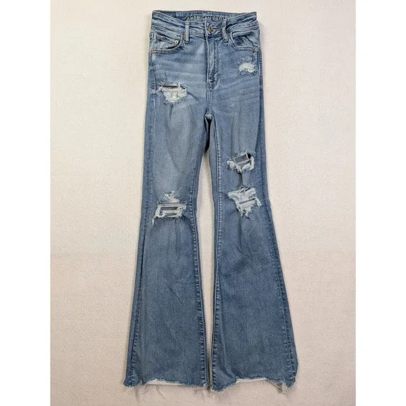 American Eagle Womens Jeans 0 Super Hi Rise Flare Distressed Blue