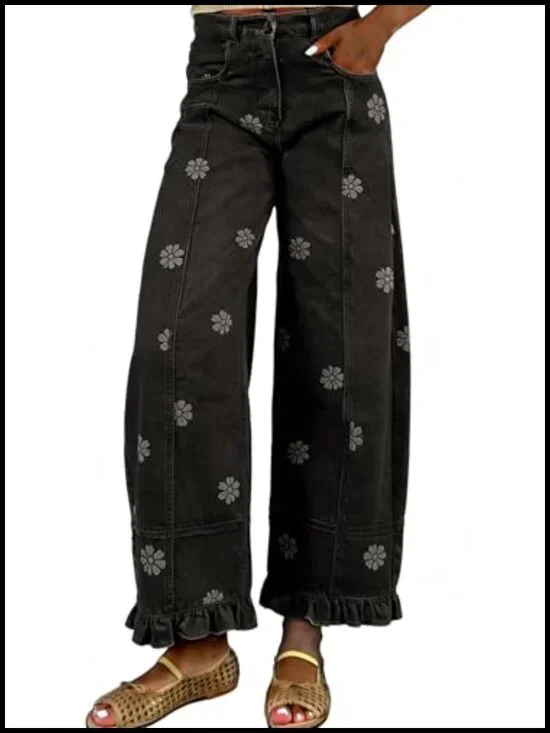 Floral Print Wide Leg Barrel Jeans for Women Y2k Patchwork Baggy Denim Pants