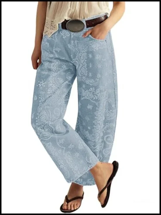 Wide Leg Barrel Jeans Floral Print Denim Ankle Pants Y2k Patchwork
