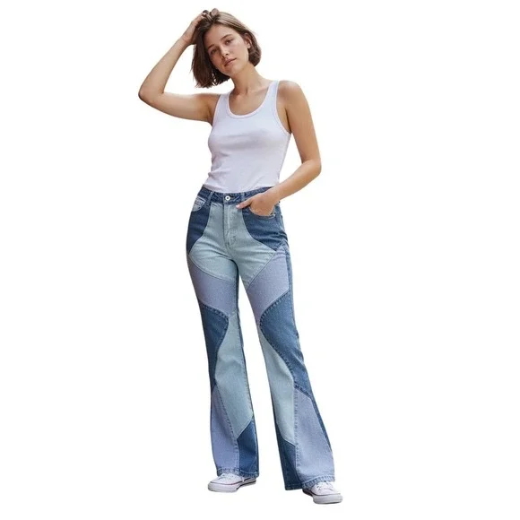 SHEIN Women's Patchwork Flare Jeans Light Wash Denim Size‎ M