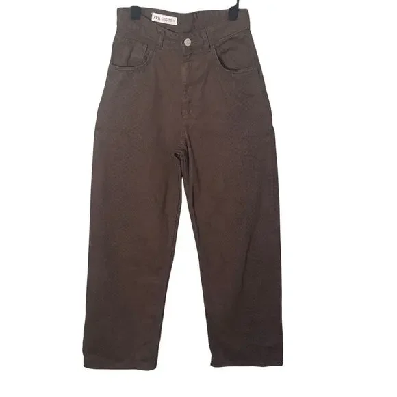 Zara Chocolate Brown Straight Leg Jeans Snakeskin Print Size 0‎
