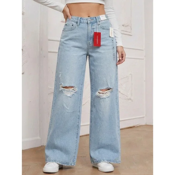NEW Lucky Brand The Baggy Distressed Wide Leg Comfort Stretch Jeans Womens 4/27L