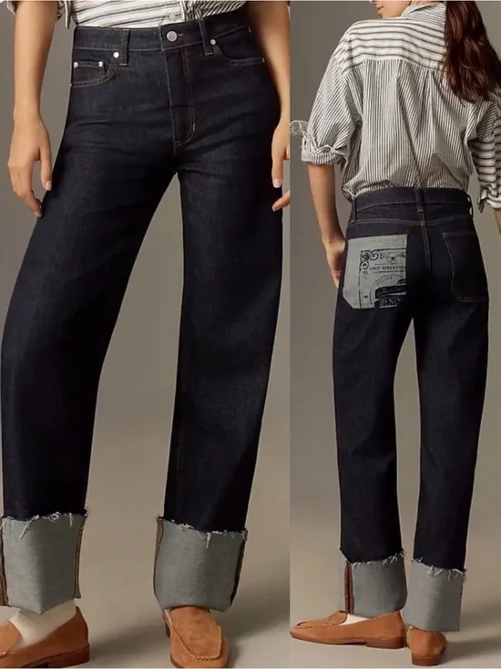 Pilcro X Anthropologie High Rise Cuffed Jeans Dark Wash Straight Wide Leg