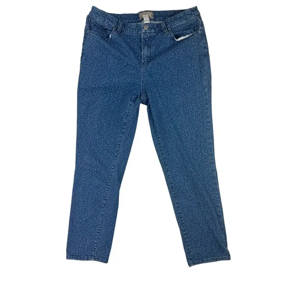 Chico's Jeans Womens 1.5 Regular Slim 10 Blue Leopard Print‎ Denim Cotton Blend