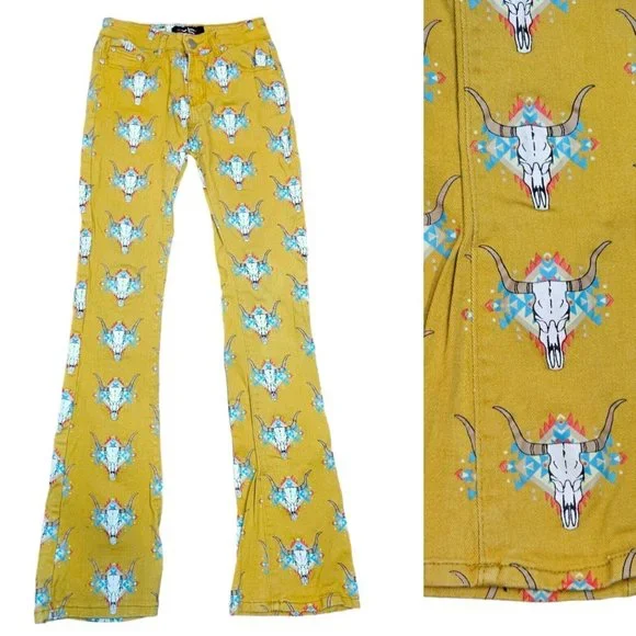 Fallon Taylor Western Steer Skull Jeans Bootcut Flare Mustard‎ Yellow 27 X 32
