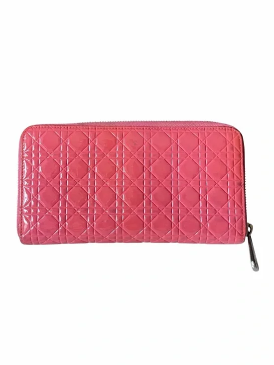 Dior Cannage Patent Leather Zip Around Wallet Coral Pink
