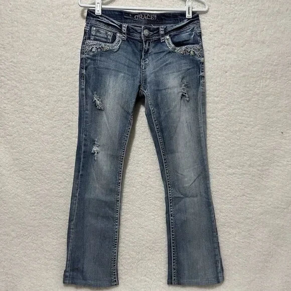 Grace In LA Boot Cut Embellished Embroidered Blue Light Wash‎ Faded Jeans Sz 28
