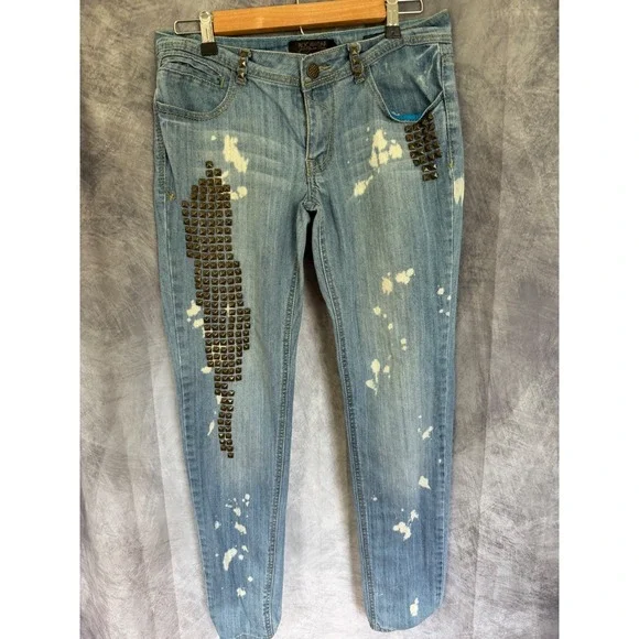 Rocawear Women Blue Bleached Studded Skinny Jeans Size 9 Y2K Streetwear Denim