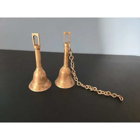 Vtg Silver Plated School Teacher Hand Bells Dinner Door shop long  stick handle