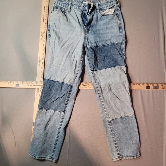 PacSun Mom Jeans‎ Womens 25 Light Wash Blue Patchwork High Rise Tapered Denim
