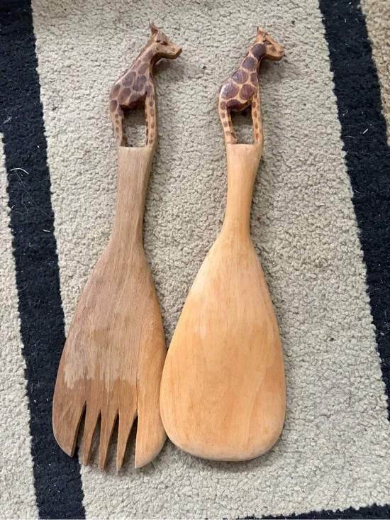Hand-Carved Wooden Giraffe Salad Servers - Set of 2