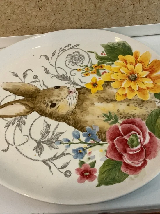 Floral Bunny Ceramic Serving Plate - White with Multicolor Floral Design