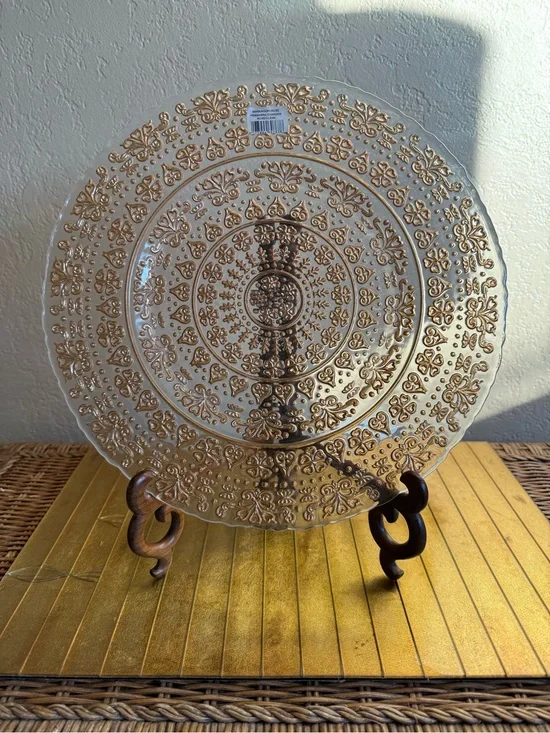 Made in turkey, glass, rose, gold charger, platter, decorative plate