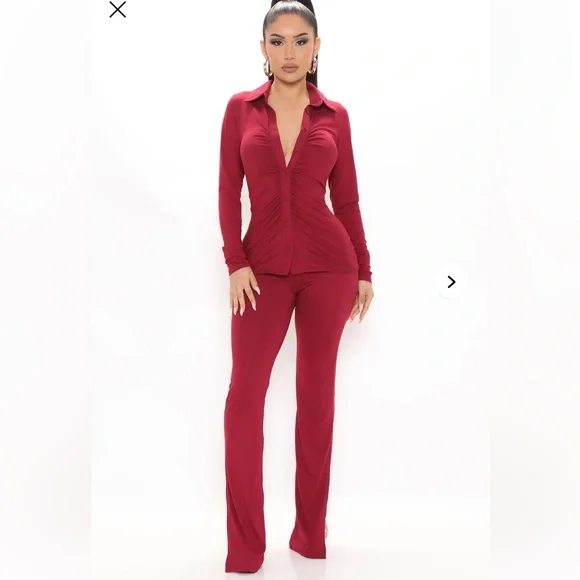 Fashion Nova Just You and I Pant Set Burgundy Soft Stretchy Ruched Top Med NWT