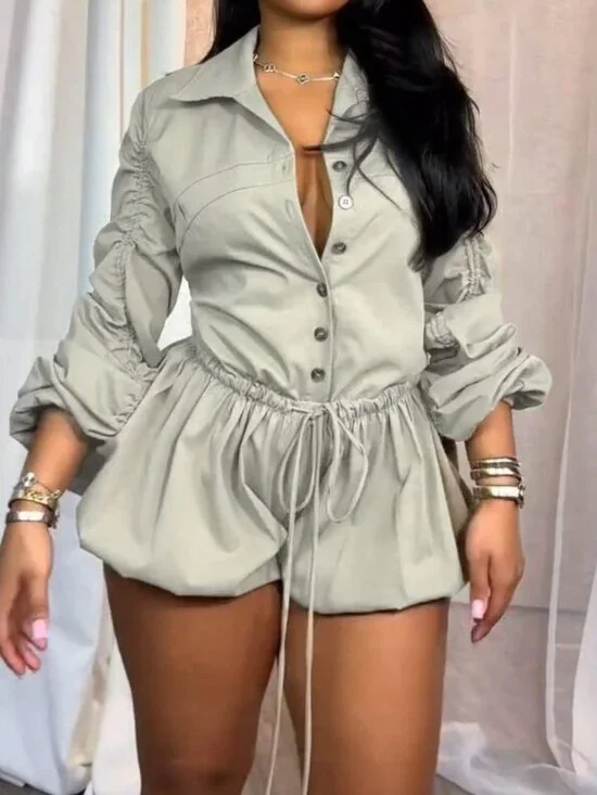 Light Grey Party Women's Button Ruched Long Sleeve Drawstring Playsuit