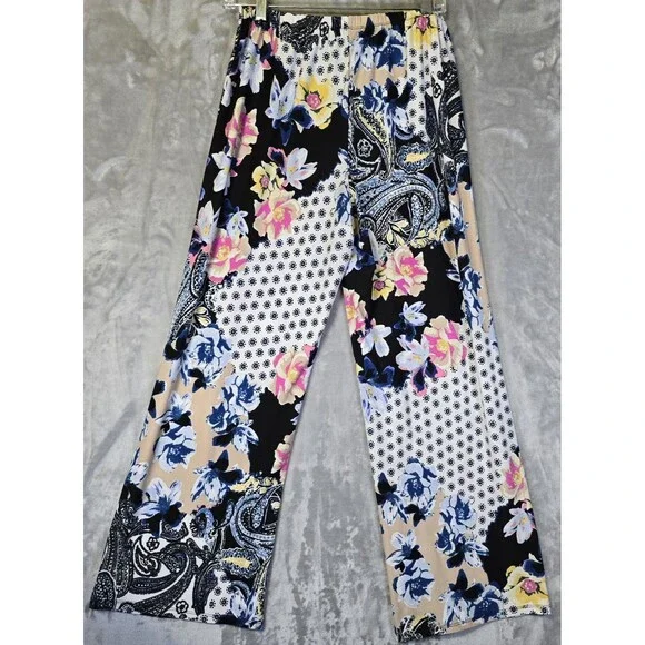 Womens Floral Pants Pull On Wide Leg Stretch Blue Paisley Print *no tags see pic