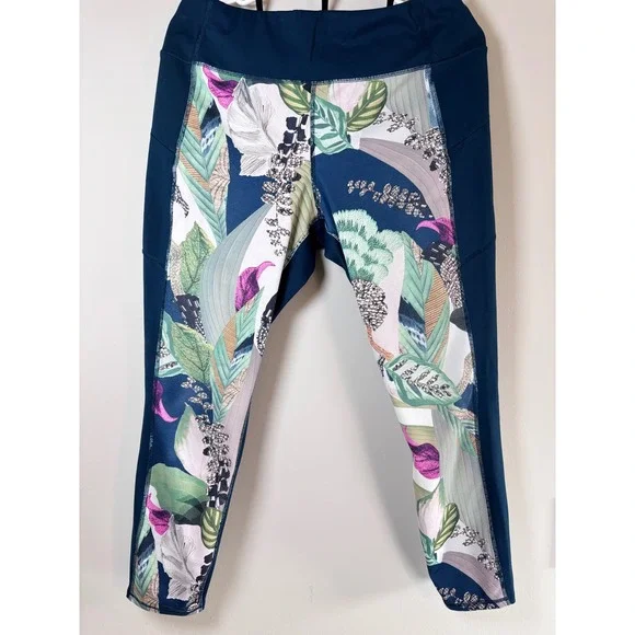 Athleta Womens Tropical Floral Print Leggings Teal Blue Pockets Size L Large