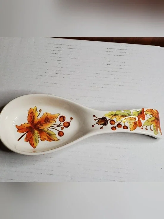Ceramic Fall-Leaf Spoon Rest in White with Orange and Brown Motif