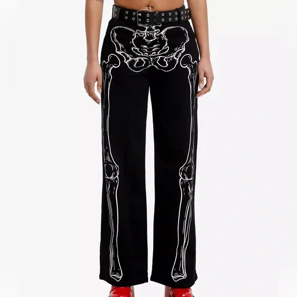 Black Skeleton Outline Grommet Belt Wide Leg Pants Hot‎ Topic Halloween